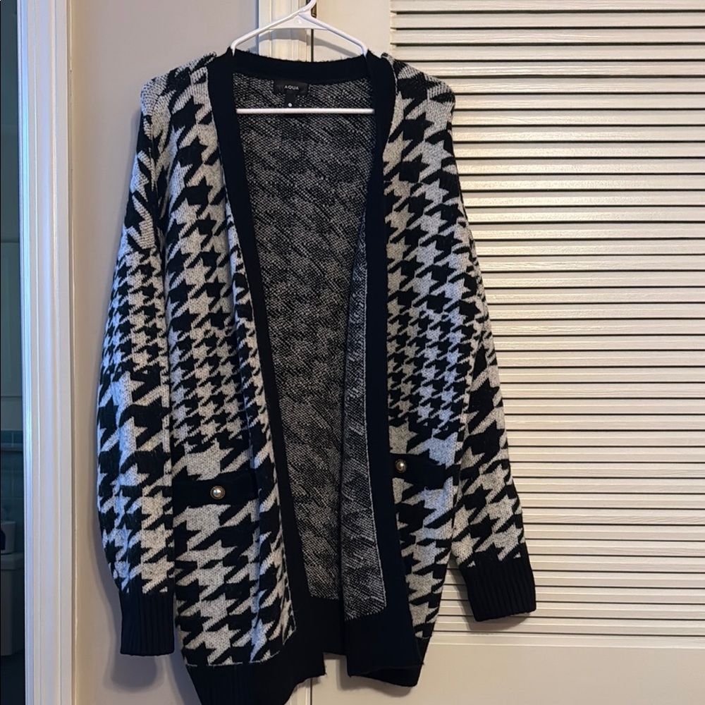 Aqua Black and White Houndstooth Cardigan